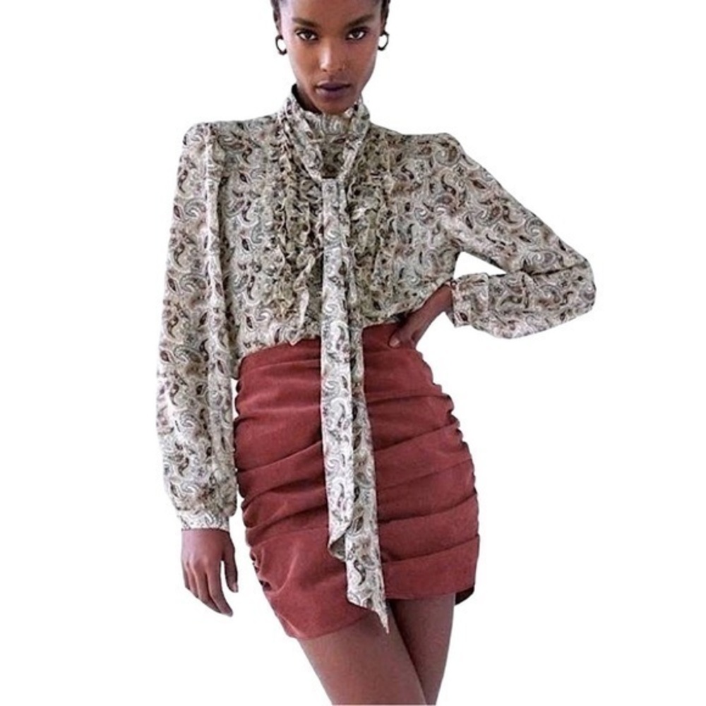 NEW Zara Corduroy Draped Ruched Mini Skirt in Dark Mauve Red